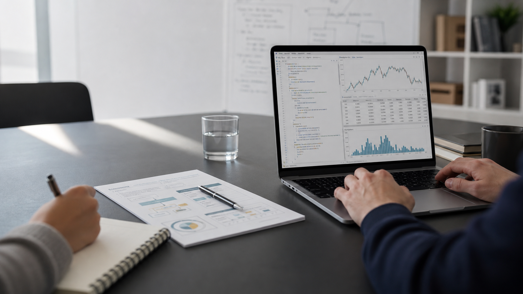 Finance training workspace with a laptop, spreadsheet reports, and technical notes